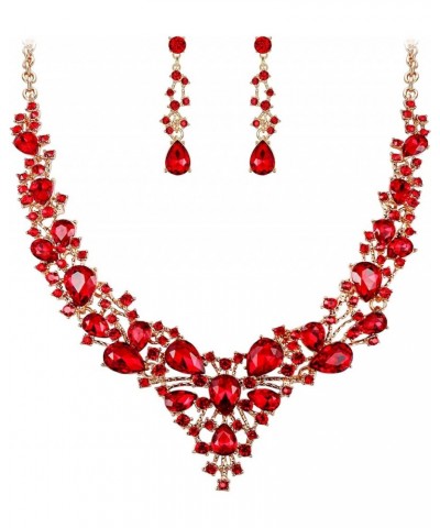 Bridal Bride Jewelry Set Crystal Flower Leaf Vine Teardrop Wedding Necklace Earrings Set Red Gold-Tone $14.39 Jewelry Sets