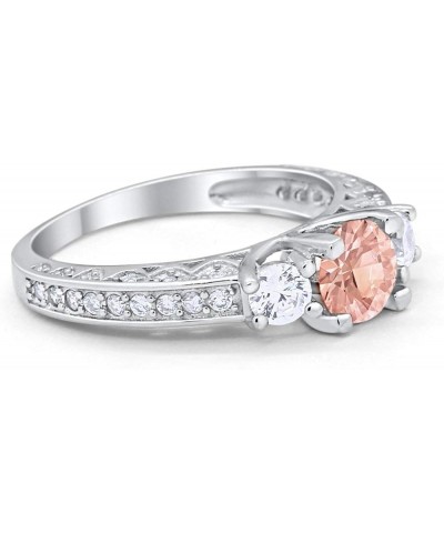 Round Art Deco Vintage Style Three Stone Ring 925 Sterling Silver Wedding Engagement Cubic Zirconia Simulated Morganite CZ $1...