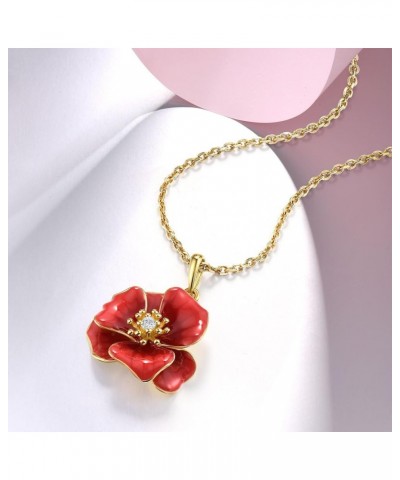 925 Sterling Silver Handmade Enamel Flower Pendant for Women [C]Peony-Red $15.29 Necklaces