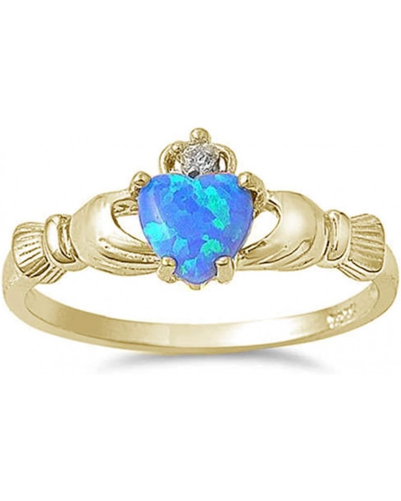 Sterling Silver Irish Claddagh Simulated Gemstone Promise Ring Available Yellow Gold Plated Blue Opal $13.19 Rings