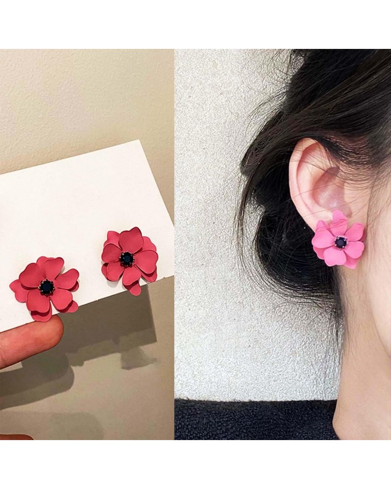 Fashion Bohemian Pink Flower Stud Earrings Artificial Flower Earrings Dainty Rose Flower Earrings with Black Gemstone Resin L...