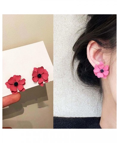 Fashion Bohemian Pink Flower Stud Earrings Artificial Flower Earrings Dainty Rose Flower Earrings with Black Gemstone Resin L...