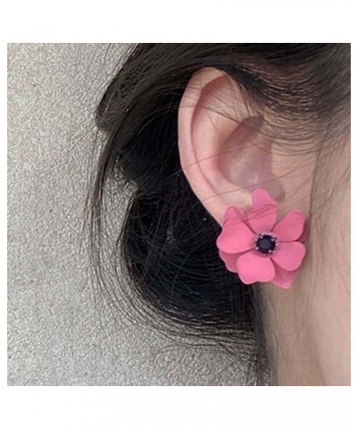 Fashion Bohemian Pink Flower Stud Earrings Artificial Flower Earrings Dainty Rose Flower Earrings with Black Gemstone Resin L...