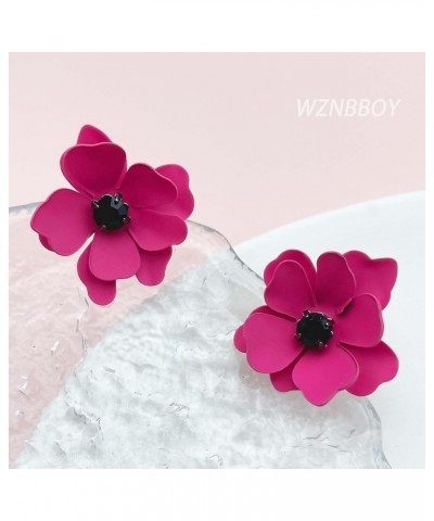 Fashion Bohemian Pink Flower Stud Earrings Artificial Flower Earrings Dainty Rose Flower Earrings with Black Gemstone Resin L...