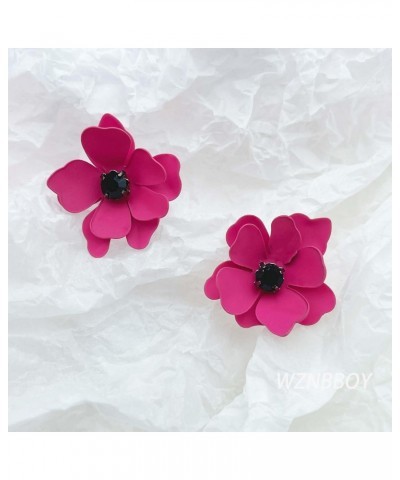 Fashion Bohemian Pink Flower Stud Earrings Artificial Flower Earrings Dainty Rose Flower Earrings with Black Gemstone Resin L...