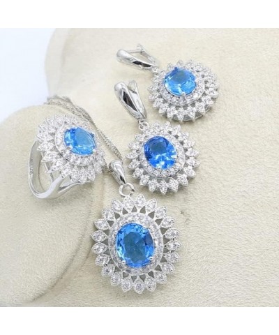 Natural Blue Sapphire Topaz White Zircon Silver 925 Jewelry Sets for Women Party Earrings Pendant Necklace Rings Bracelet Lig...