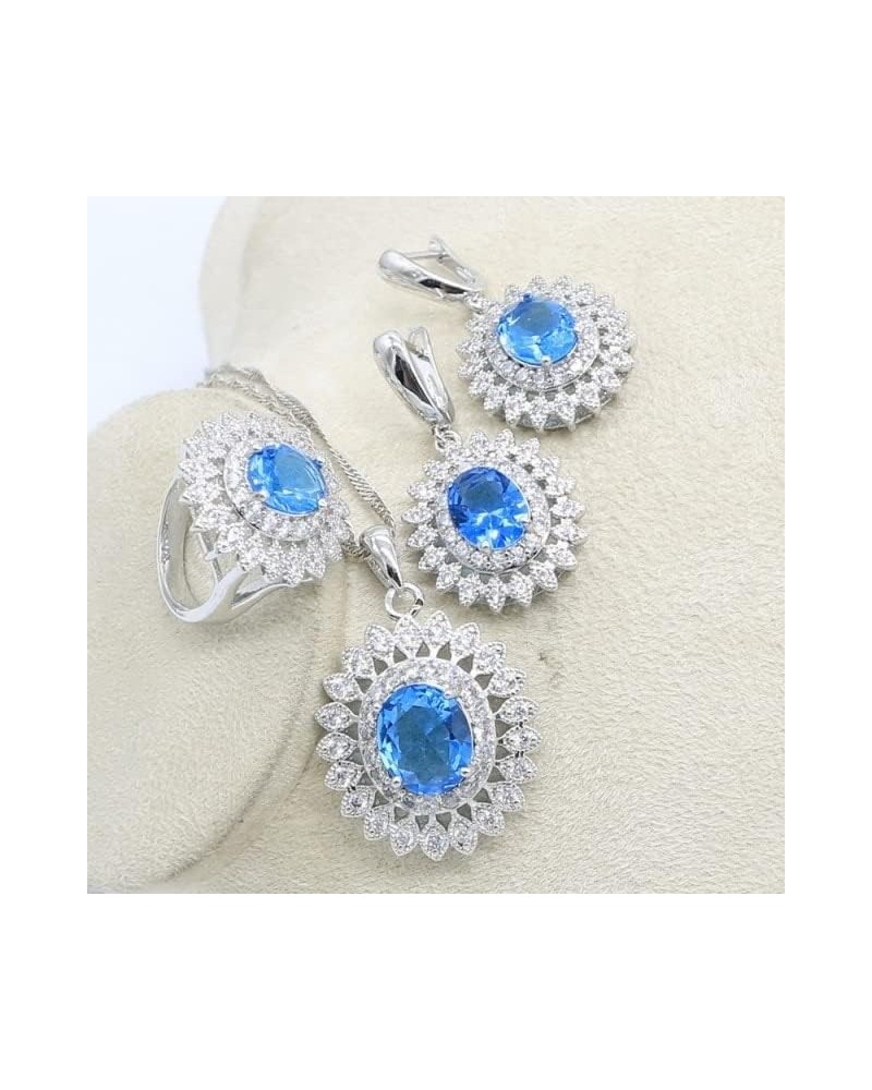 Natural Blue Sapphire Topaz White Zircon Silver 925 Jewelry Sets for Women Party Earrings Pendant Necklace Rings Bracelet Lig...