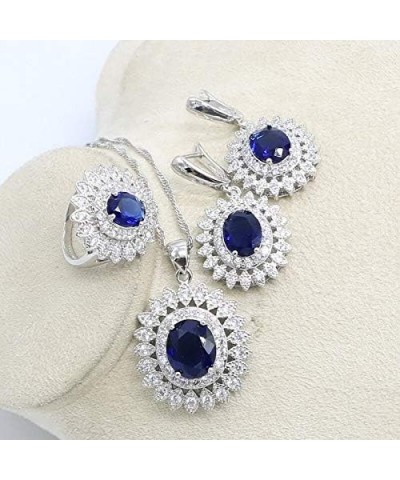 Natural Blue Sapphire Topaz White Zircon Silver 925 Jewelry Sets for Women Party Earrings Pendant Necklace Rings Bracelet Lig...