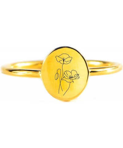 Story Jewellery Birth Month Flower Rings for Women, Gold Plated Engraved Signet Birth Month Floral Rings for Her, Dainty Flow...