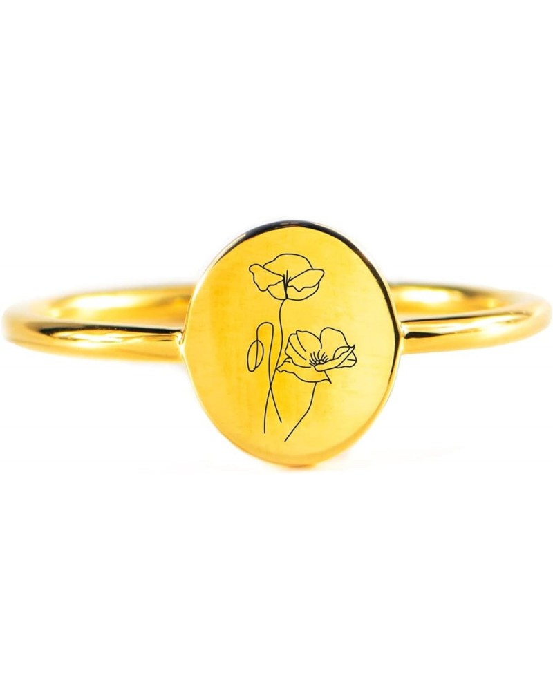 Story Jewellery Birth Month Flower Rings for Women, Gold Plated Engraved Signet Birth Month Floral Rings for Her, Dainty Flow...