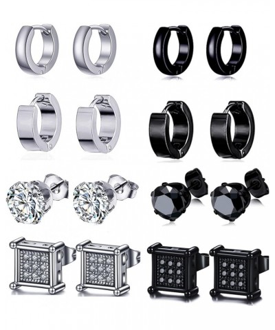 8 Pairs Huggie Hoop Earrings Stainless Steel CZ Square Round Inlaid Earrings Stud Ear Piercing Set For Women Men Black Silver...