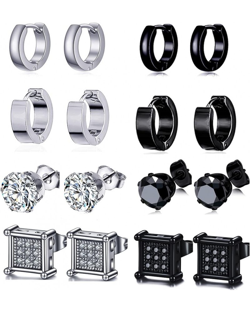 8 Pairs Huggie Hoop Earrings Stainless Steel CZ Square Round Inlaid Earrings Stud Ear Piercing Set For Women Men Black Silver...