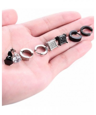 8 Pairs Huggie Hoop Earrings Stainless Steel CZ Square Round Inlaid Earrings Stud Ear Piercing Set For Women Men Black Silver...