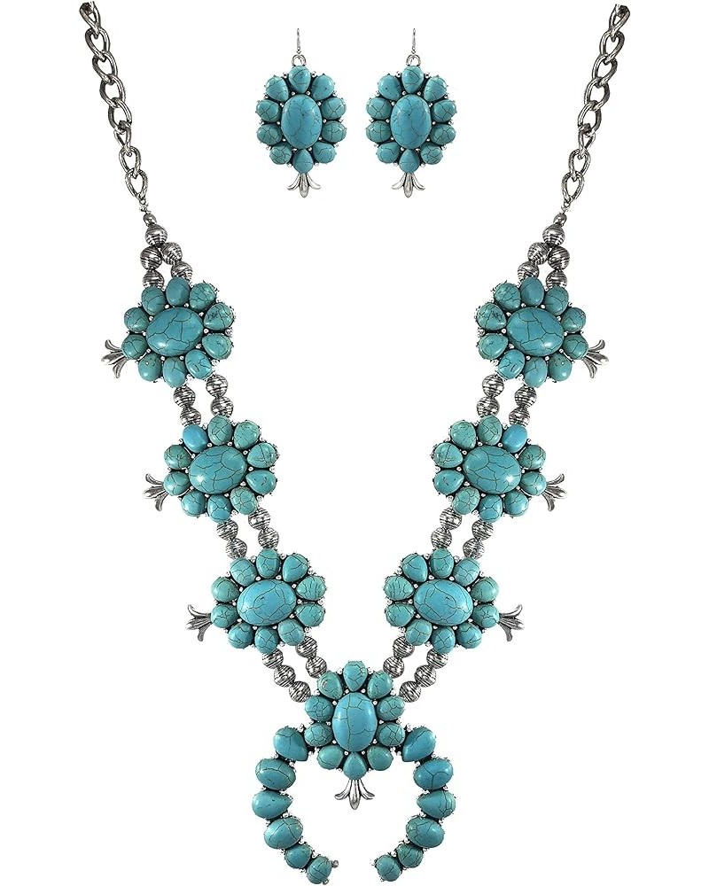 Turquoise Vintage Squash Blossom Metal Statement Necklace/w Earrings No.885 $20.39 Jewelry Sets