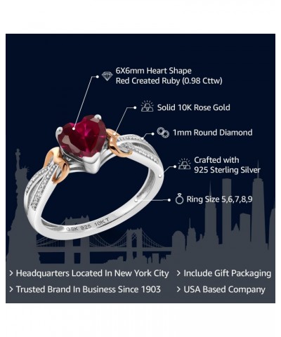 925 Silver and 10K Rose Gold Red Created Ruby and Diamond Ring For Women (0.98 Cttw, Heart Shape 6MM, Available in size 5, 6,...