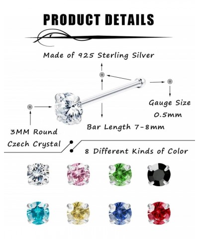 8Pcs 22G Sterling Silver Nose Rings Studs Pin for Women Men 3MM Mix Color Round Czech Crystal Nose Body Piercing Jewelry $9.6...