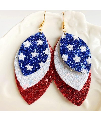 American Flag Earrings 4th of July Blue White Red Leather Earrings Multiple Layer Shiny Dangle Earrings Independence Day Holi...