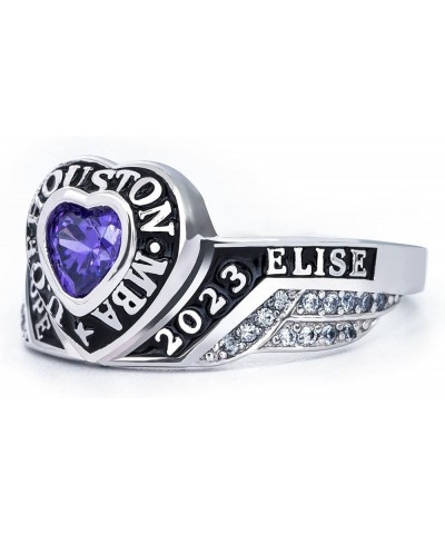 Women's Class Ring, personalized for high school and university graduates, Sterling Silver, Birthstone, Heart & Wings Ring -J...