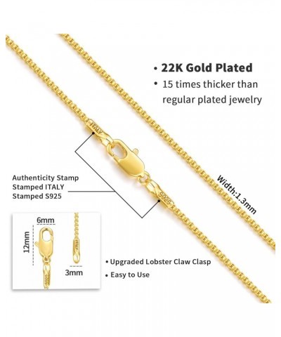 Italian Soild 22K Real Gold Over 925 Sterling Silver Chain Necklace for Women Girls, 1.3mm Hypoallergenic Box Chain Thin & St...