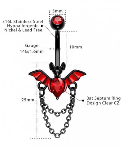 Bat Belly Button Rings 14G Halloween Belly Rings Stainless Steel 316L Clear Red CZ Black Belly Piercing Jewelry for Women Gir...