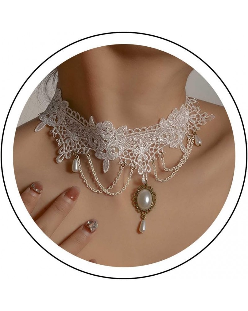 Gothic Lace Choker Necklace White Lace Tassel Collar Necklace Vintage Gem Pendant Necklace White Water Drop Gemstone Chain Ne...