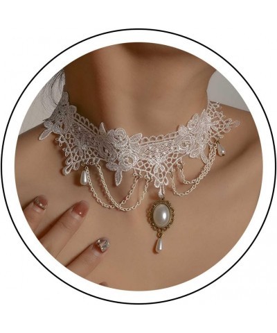 Gothic Lace Choker Necklace White Lace Tassel Collar Necklace Vintage Gem Pendant Necklace White Water Drop Gemstone Chain Ne...