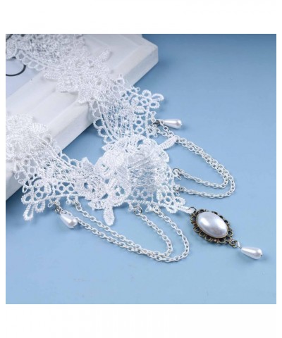 Gothic Lace Choker Necklace White Lace Tassel Collar Necklace Vintage Gem Pendant Necklace White Water Drop Gemstone Chain Ne...