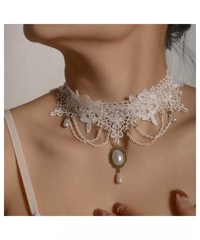 Gothic Lace Choker Necklace White Lace Tassel Collar Necklace Vintage Gem Pendant Necklace White Water Drop Gemstone Chain Ne...