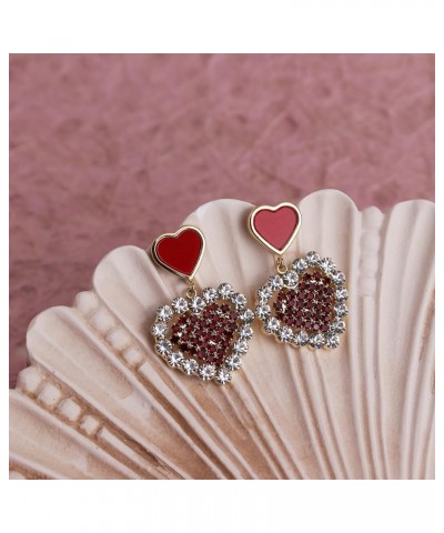 Double Heart Dangle Drop Stud Earrings for Women Teen Girls, Valentine Bling Love Enamel Rhinestone Dangling Earing Wedding P...