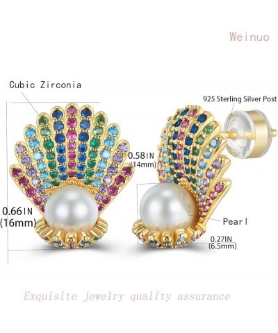 Pearl Stud Earrings For Women 925 Sterling Silver Post Gold Plated Multcolors Cubic Zirconia CZ Simulated Shell White Pearl J...