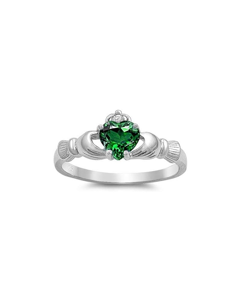 LuxJewelryBySN Claddagh Ring - 925 Sterling Silver Ring – CZ Claddagh Rings for Women – Green Emerald Simulated Cubic Zirconi...