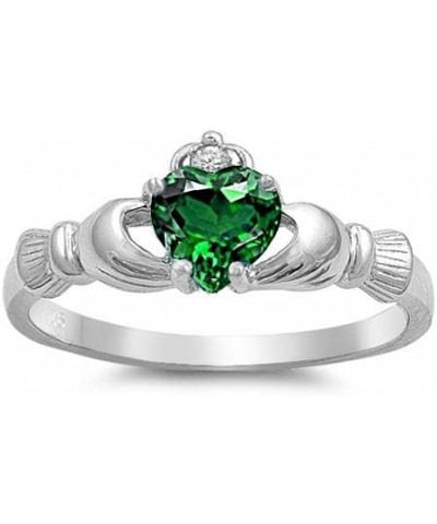 LuxJewelryBySN Claddagh Ring - 925 Sterling Silver Ring – CZ Claddagh Rings for Women – Green Emerald Simulated Cubic Zirconi...