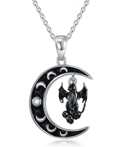 Gothic Necklace 925 Sterling Silver Halloween Jewelry Crescent Moon with Bat/Cat Pendant Moon Phase Witchy Jewelry Gifts for ...