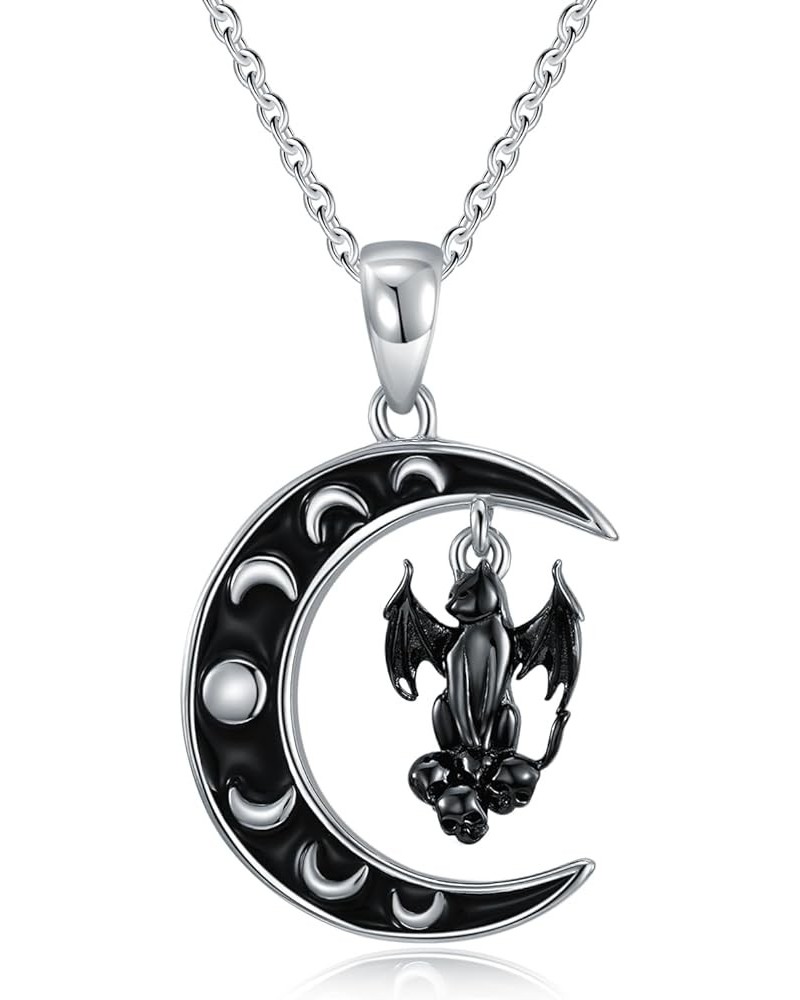 Gothic Necklace 925 Sterling Silver Halloween Jewelry Crescent Moon with Bat/Cat Pendant Moon Phase Witchy Jewelry Gifts for ...