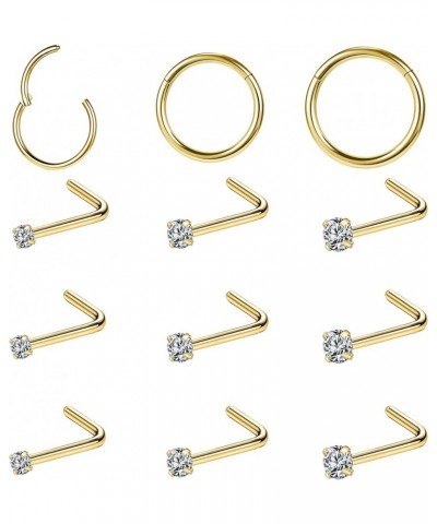 12Pcs 18G 20G Nose Rings Studs Hinged Hoop Nose Rings for Women Men Corkscrew Bone L Shaped Nose Studs Hypoallergenic 316L Su...