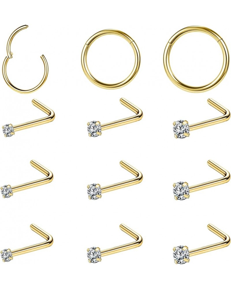 12Pcs 18G 20G Nose Rings Studs Hinged Hoop Nose Rings for Women Men Corkscrew Bone L Shaped Nose Studs Hypoallergenic 316L Su...