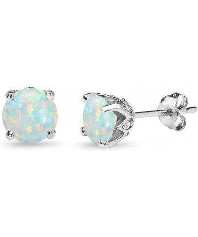 Sterling Silver Genuine or Synthetic Gemstone 6mm Round-cut Crown Stud Earrings for Women Girls October - Synthetic White Opa...