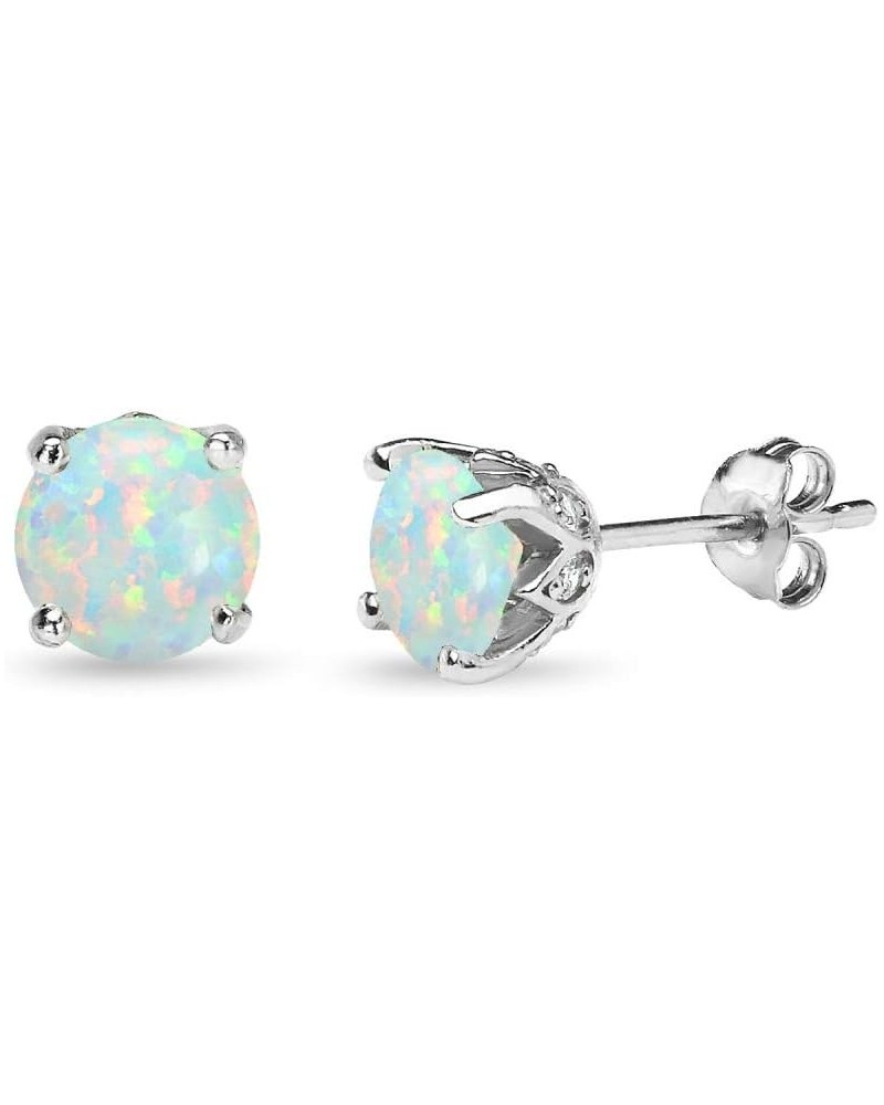 Sterling Silver Genuine or Synthetic Gemstone 6mm Round-cut Crown Stud Earrings for Women Girls October - Synthetic White Opa...