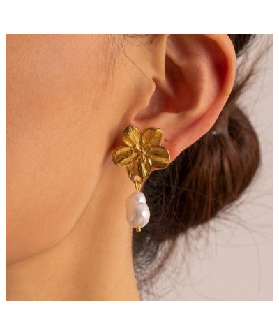 Bohemian Gold Flower Earrings for Women Girls Stainless Steel Baroque Pearls Dangle Drop Stud Earrings 14K Gold Plated Elegan...