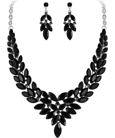 Women's Austrian Crystal Wedding Bridal V Shaped Floral Flower Leaf Jewellery Set Black Silver-Tone $11.10 Jewelry Sets