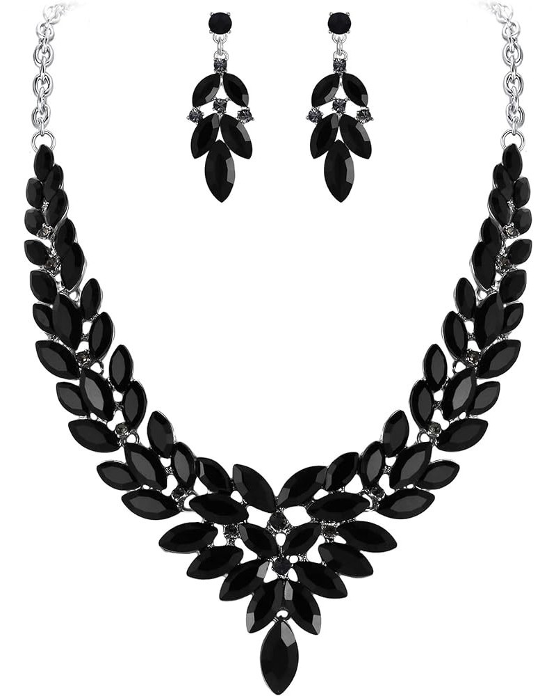 Women's Austrian Crystal Wedding Bridal V Shaped Floral Flower Leaf Jewellery Set Black Silver-Tone $11.10 Jewelry Sets