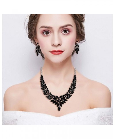 Women's Austrian Crystal Wedding Bridal V Shaped Floral Flower Leaf Jewellery Set Black Silver-Tone $11.10 Jewelry Sets