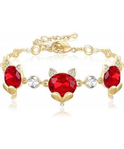 14K Gold Plated Rhinestone Crystal Fox Bracelet, Cute Head Fox Jewelry Link Bracelets for Women Girls Fox Lovers Red Gold-Ton...