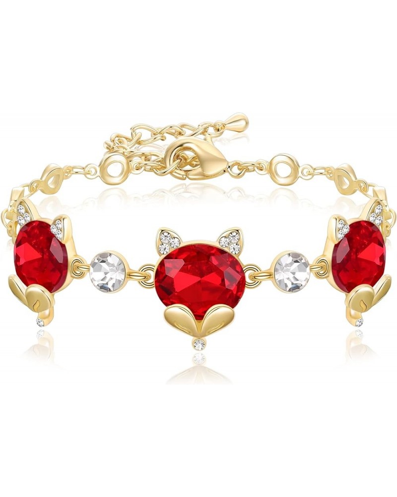 14K Gold Plated Rhinestone Crystal Fox Bracelet, Cute Head Fox Jewelry Link Bracelets for Women Girls Fox Lovers Red Gold-Ton...