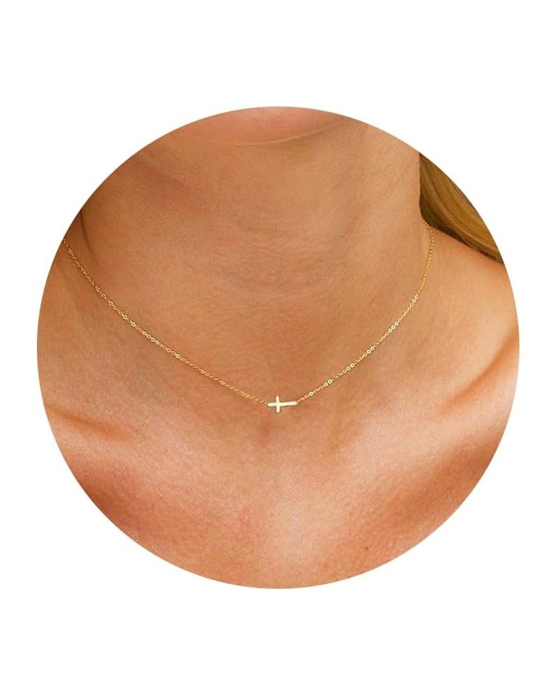 Dainty Cross Necklace for Women, 14K Gold Plated/Sterling Silver Simple Cross Choker Necklaces Small Cross Pendant Tiny Cute ...