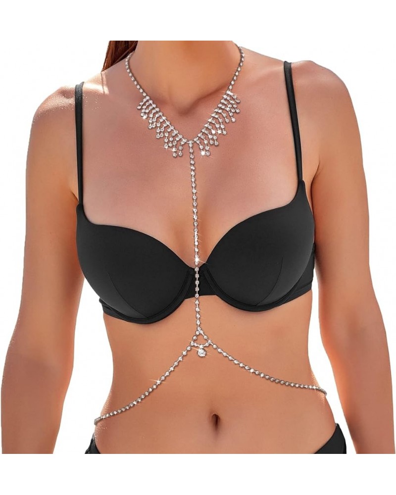 Rhinestone Body Chains for Women Sexy Silver Body Chain Crystal Chest Chain Bikini Body Jewelry for Women Party Beach Nightcl...