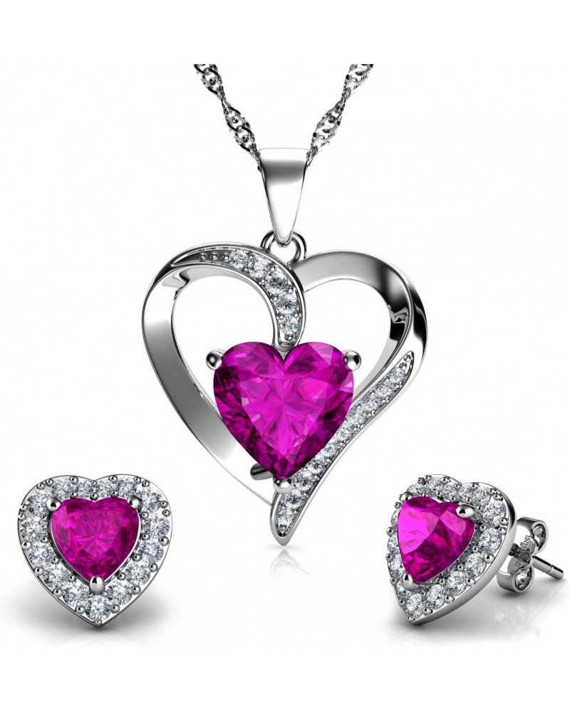 Heart Necklace & Heart Earrings Set - 925 Sterling Silver - Pink Crystal Studs & Pendant Birthstone- Fine Jewellery Set for W...