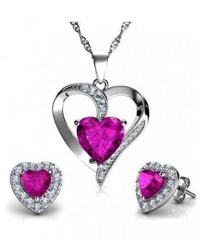 Heart Necklace & Heart Earrings Set - 925 Sterling Silver - Pink Crystal Studs & Pendant Birthstone- Fine Jewellery Set for W...