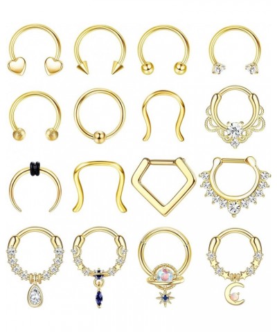 Surgical Steel Septum Rings 16G Hypoallergenic Horseshoe Clicker Septum Rings Gold for Women Men Small Cute CZ Dangle Horsesh...