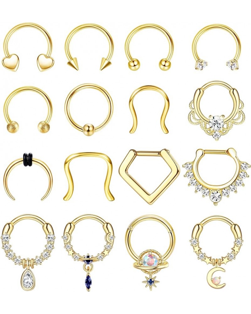 Surgical Steel Septum Rings 16G Hypoallergenic Horseshoe Clicker Septum Rings Gold for Women Men Small Cute CZ Dangle Horsesh...